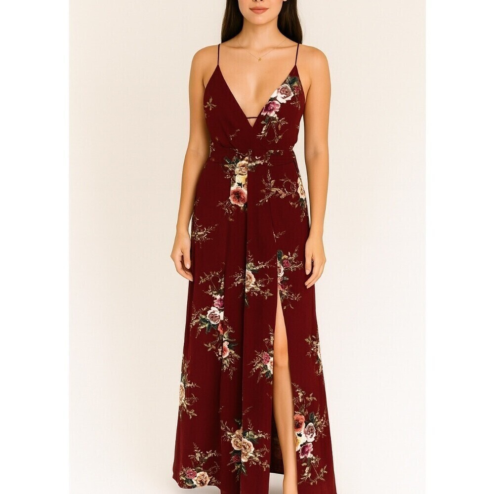 Luxxel romper jumpsuit dress style crinkle texture marron floral V-neck SZ SM